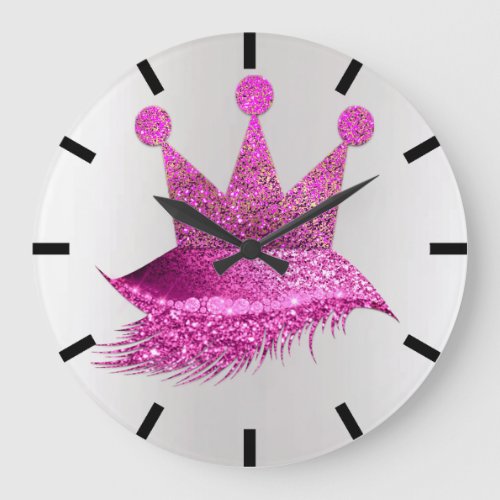 Princess Of Lashes Crown Pink Gray Black Glitter Large Clock