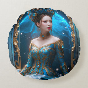 Princess Of The Blue Rose AI Art by Xzendor7 Round Pillow