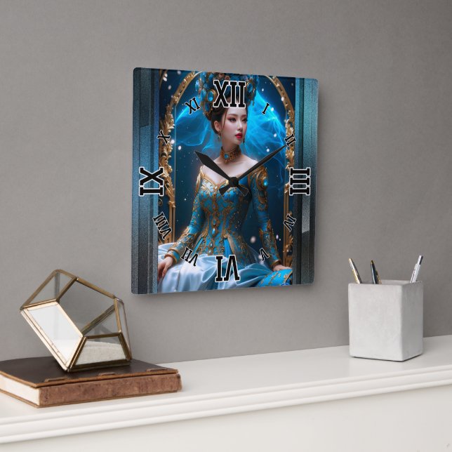 Princess Of The Blue Rose AI Art by Xzendor7 Square Wall Clock (Office)