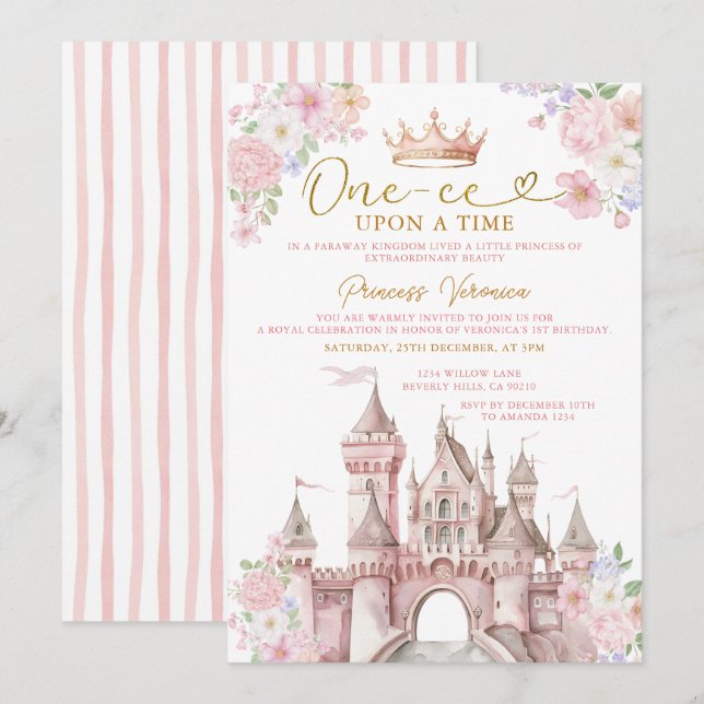 Princess ONE-CE Upon a time Birthday Castle Crown Invitation (Front/Back)