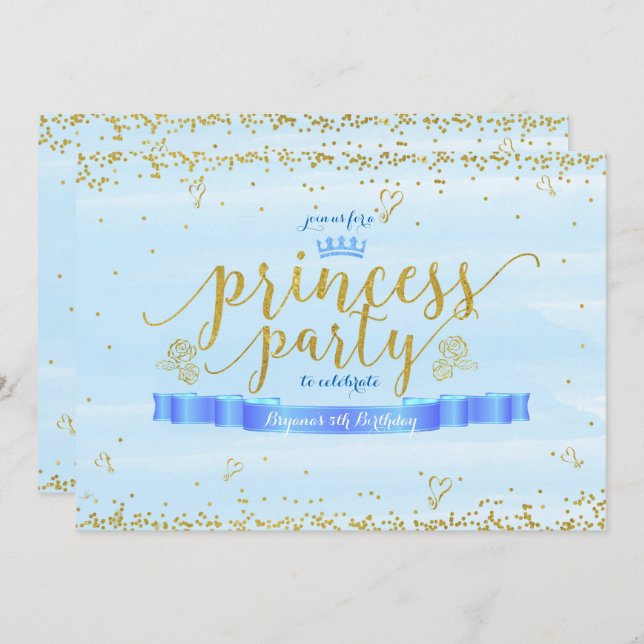 Princess Party Blue & Gold Birthday Invitations (Front/Back)