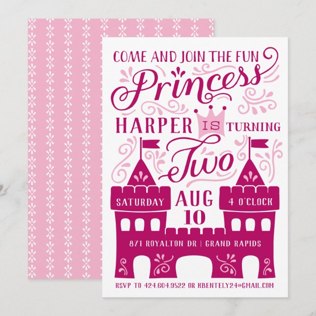 Princess Party Girl's Second Birthday Invitations (Front/Back)