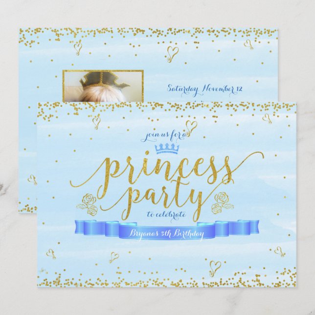 Princess Party Gold & Blue Photo Invitations (Front/Back)