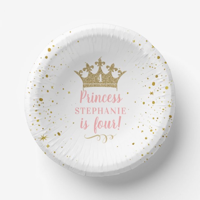 Princess Party Gold Crown Confetti Pink Paper Bowl (Front)