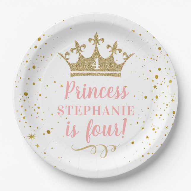 Princess Party Gold Crown Confetti Pink Paper Plates (Front)