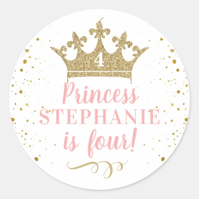 Princess Party Gold Crown Personalized Favor Classic Round Sticker (Front)