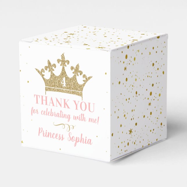 Princess Party Gold Pink Crown Thank You Favor Boxes (Front Side)
