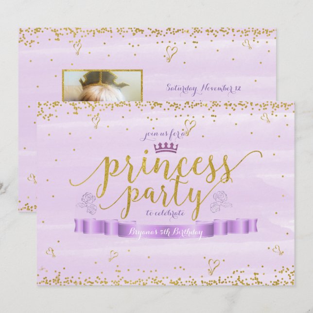 Princess Party Gold & Purple Photo Invitations (Front/Back)