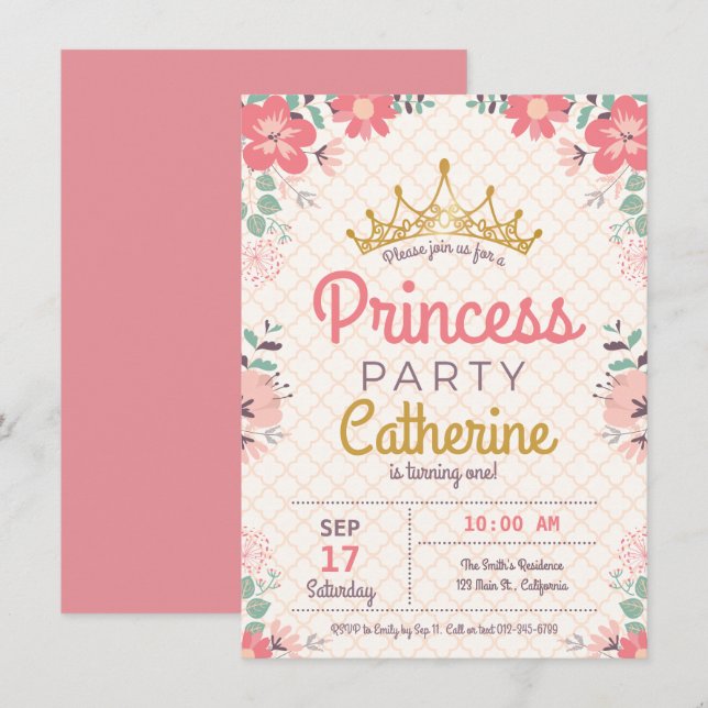 Princess Party on Floral Background. Invitation (Front/Back)