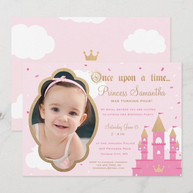 Princess Party Photo Invitations | Pink & Gold (Front/Back)