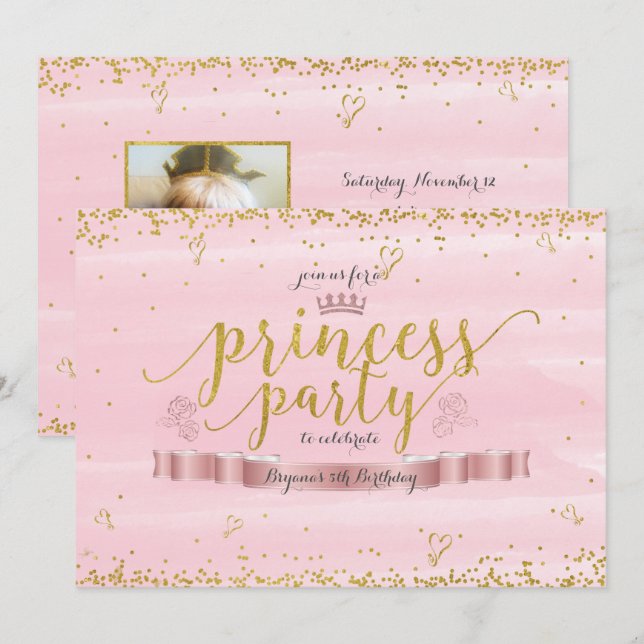 Princess Party Pink & Gold Photo Invitations (Front/Back)
