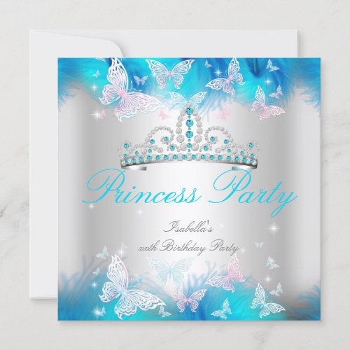 Princess Party Pink Teal Blue Tiara Butterfly Invitation