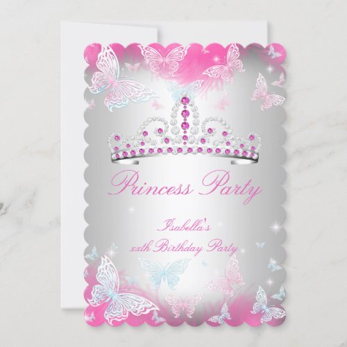 Princess Party Pink Tiara Teal Blue Butterfly 2 Invitation