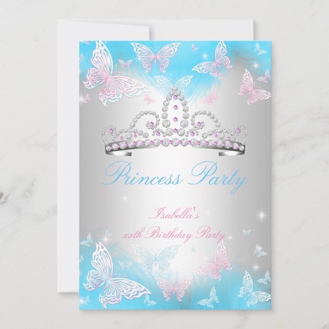 Princess Party Teal Blue Tiara Pink Butterfly 2 Invitation (Front)