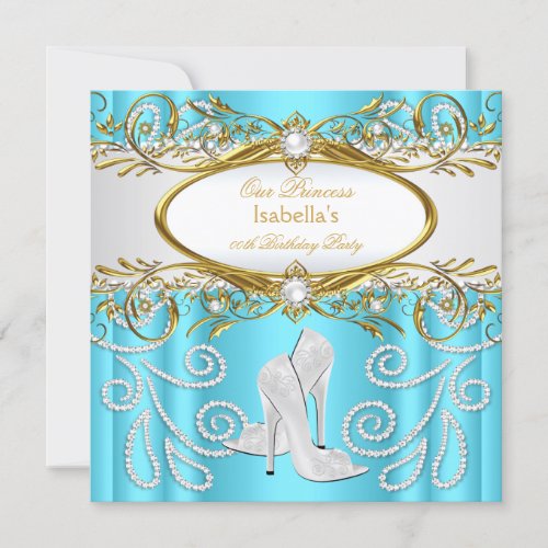 Princess Party Teal Gold White Pearl High Heels Invitation
