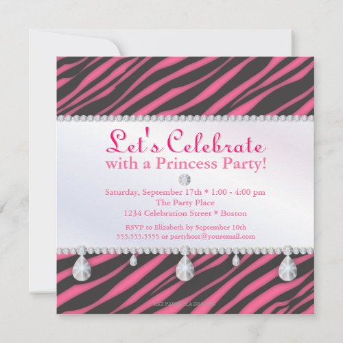 Princess Party Zebra Stripes in Pink Birthday Announcements