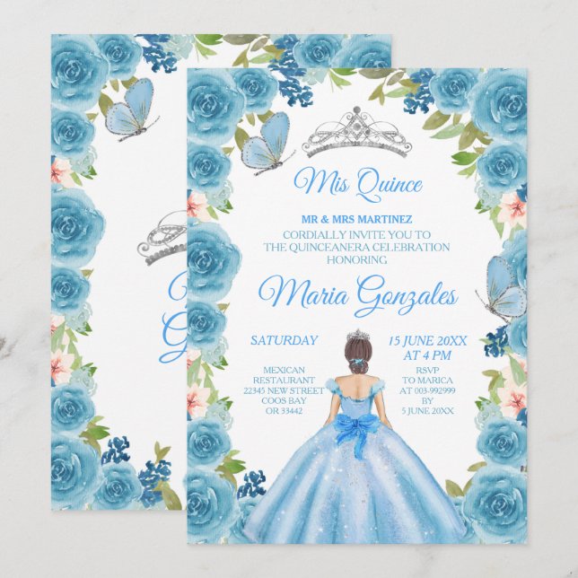 Princess Pastel Blue Roses & Butterfly Mis Quince Invitation (Front/Back)