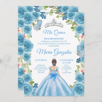 Princess Pastel Blue Roses & Butterfly Mis Quince Invitation by HappyPartyStudio at Zazzle