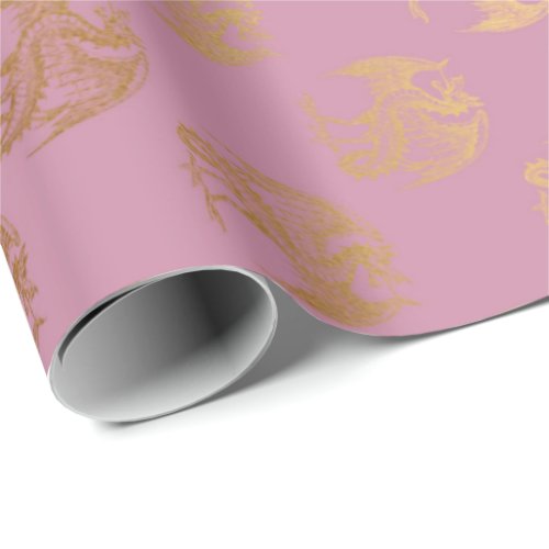 Princess Pastel Pink Rose Gold Dragon Fenix Wrapping Paper