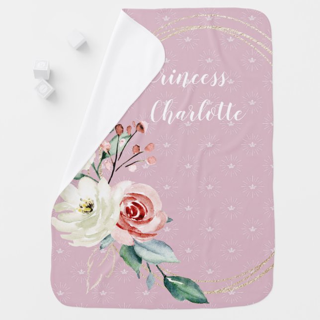 Princess Pattern Personalized Name Floral Girl Baby Blanket (In Situ)