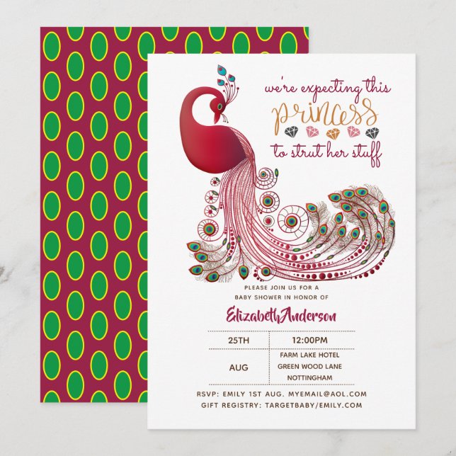 Princess Peacock Pink Struts Her Stuff Baby Shower Invitation (Front/Back)