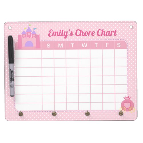Princess Personalized Chore Charts Pink for Girl Dry Erase Board With Keychain Holder