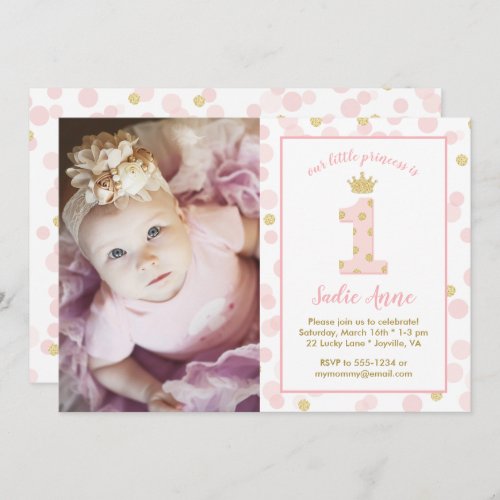 Princess Pink and Gold Dots 1st Birthday Invitation
