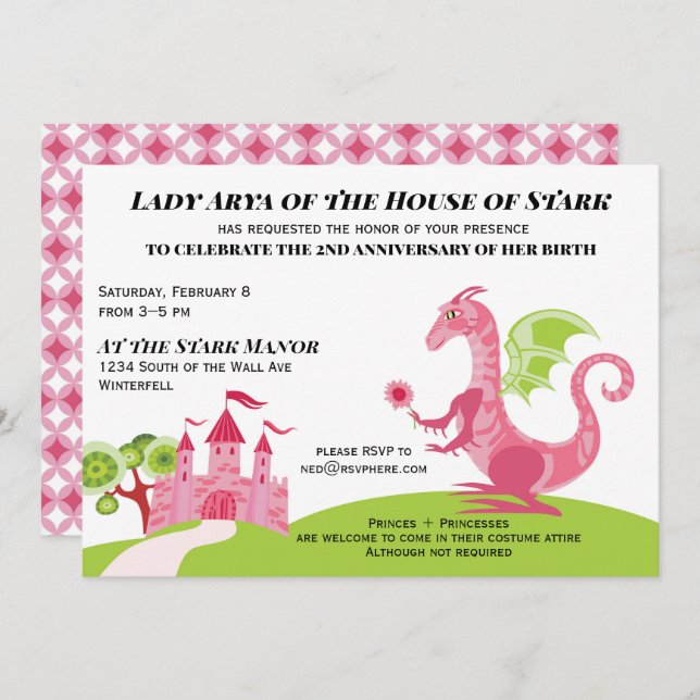 Princess pink and green Girl Birthday invitation (Front/Back)