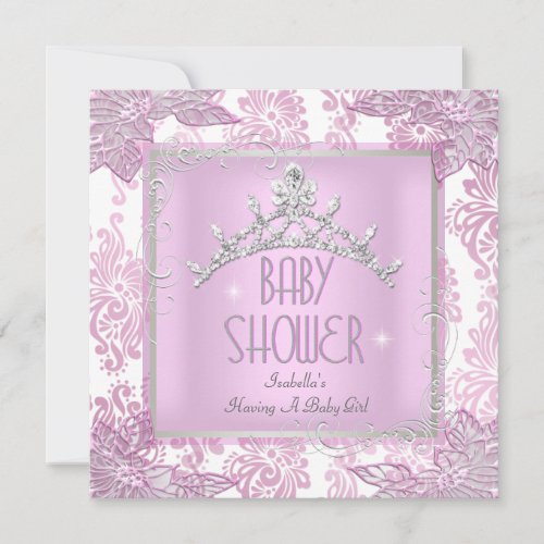 Princess Pink Baby Shower Girl Baby Tiara Damask Invitation