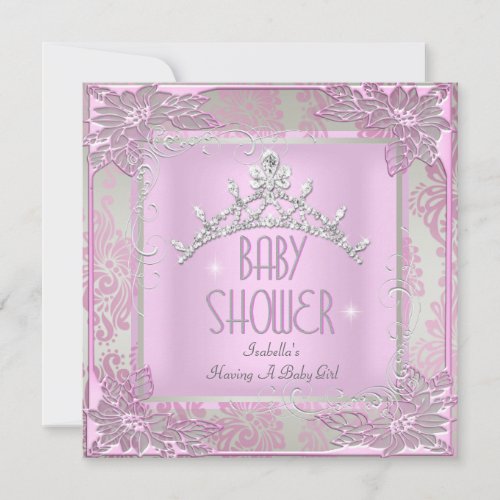 Princess Pink Baby Shower Girl Baby Tiara Damask Custom Announcement