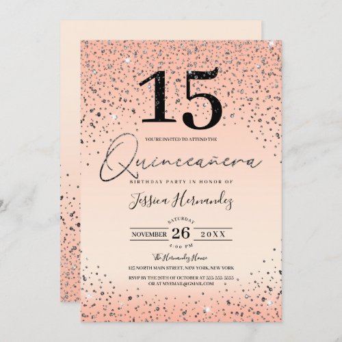 Princess Pink Black Glitter Confetti Quinceaera Invitation