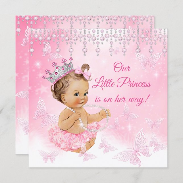 Princess Pink Butterfly Baby Shower brunette Invitation (Front/Back)