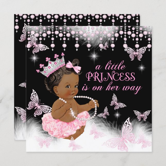 Princess Pink Butterfly Baby Shower Ethnic Invitation (Front/Back)