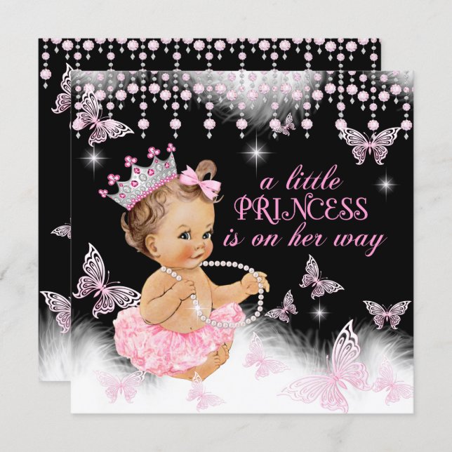 Princess Pink Butterfly Girl Baby Shower Cute Invitation (Front/Back)