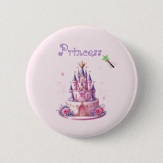Princess Pink Castle Cake and Wand Button (Front)