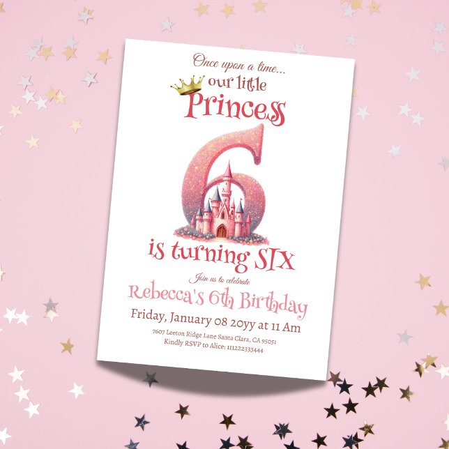 Princess Pink Castle Girl Sixth 6th Birthday Invitation (Creator Uploaded)