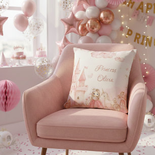 Princess Pink Castle Unicorn Birthday Party  Throw Pillow