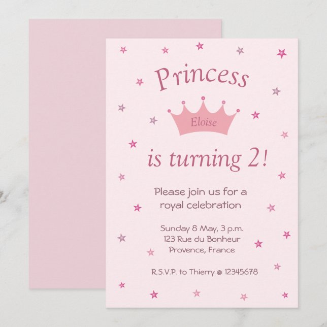 Princess Pink Crown Tiara Stars Kids Baby Birthday Invitation (Front/Back)