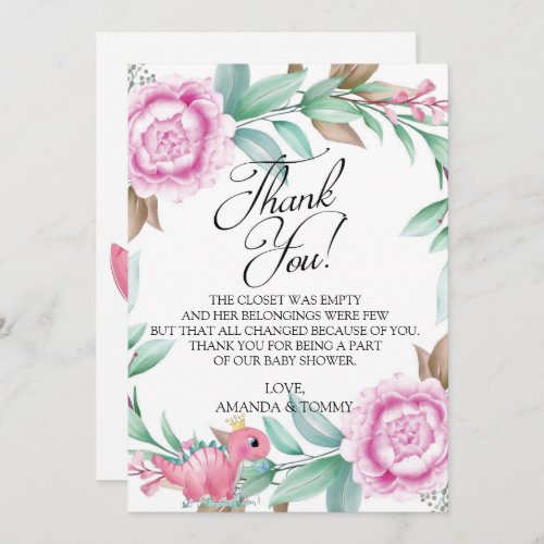 Princess Pink Dinosaur Baby Shower Thank You Card