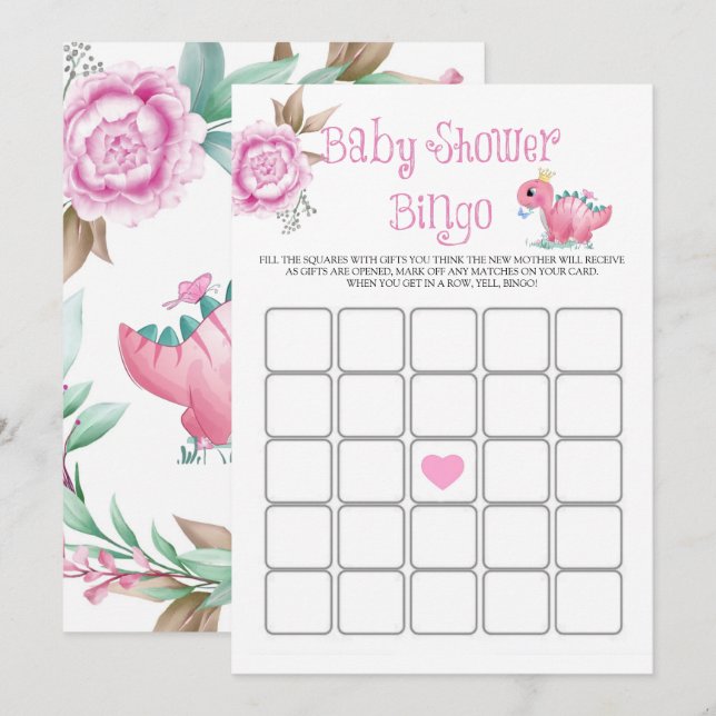 Princess Pink Dinosaur Peony Baby Shower Bingo (Front/Back)