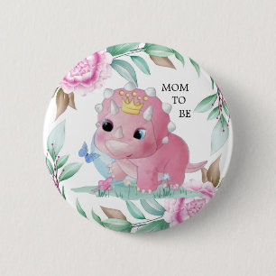 Princess Pink Dinosaur Peony Mom To Be Baby Shower Button
