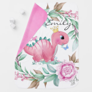 Princess Pink Dinosaur Peony Monogram Baby Blanket