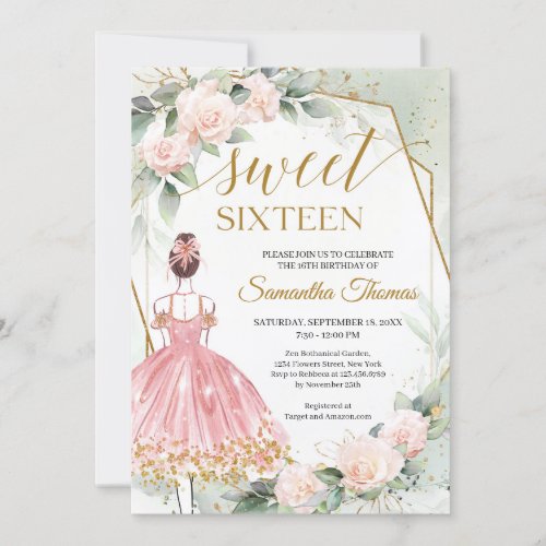 Princess pink dress roses and eucalyptus gold invitation
