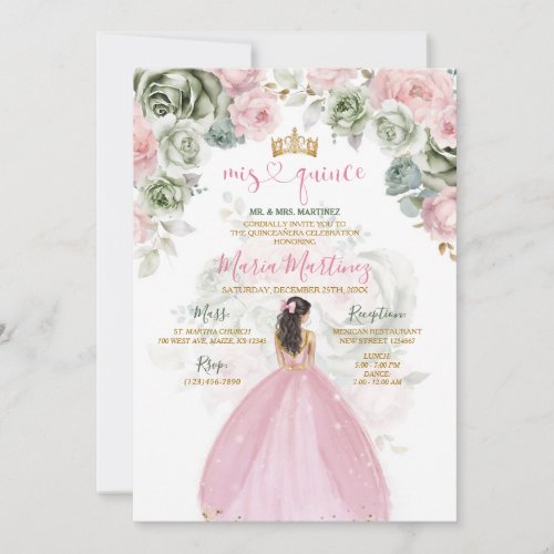 Princess Pink Dresses Floral Sage Green Mis Quince Invitation