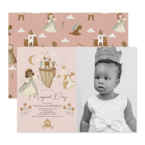 Princess Pink Fairytale Dark Skin 1st Birthday Invitation