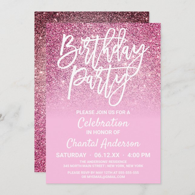 Princess Pink Faux Glitter Ombre Birthday Invitation (Front/Back)