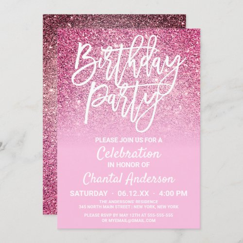 Princess Pink Faux Glitter Ombre Birthday Invitation