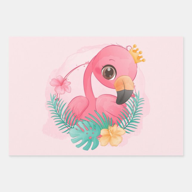 Princess Pink Flamingo Pink Girl Baby Shower Wrapping Paper Sheets (Front)