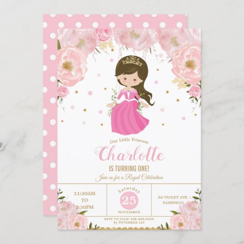 Princess Pink Floral 1st First Birthday Party Invitation