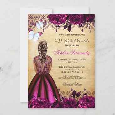 Princess Pink Floral Butterflies Quinceañera Invitation